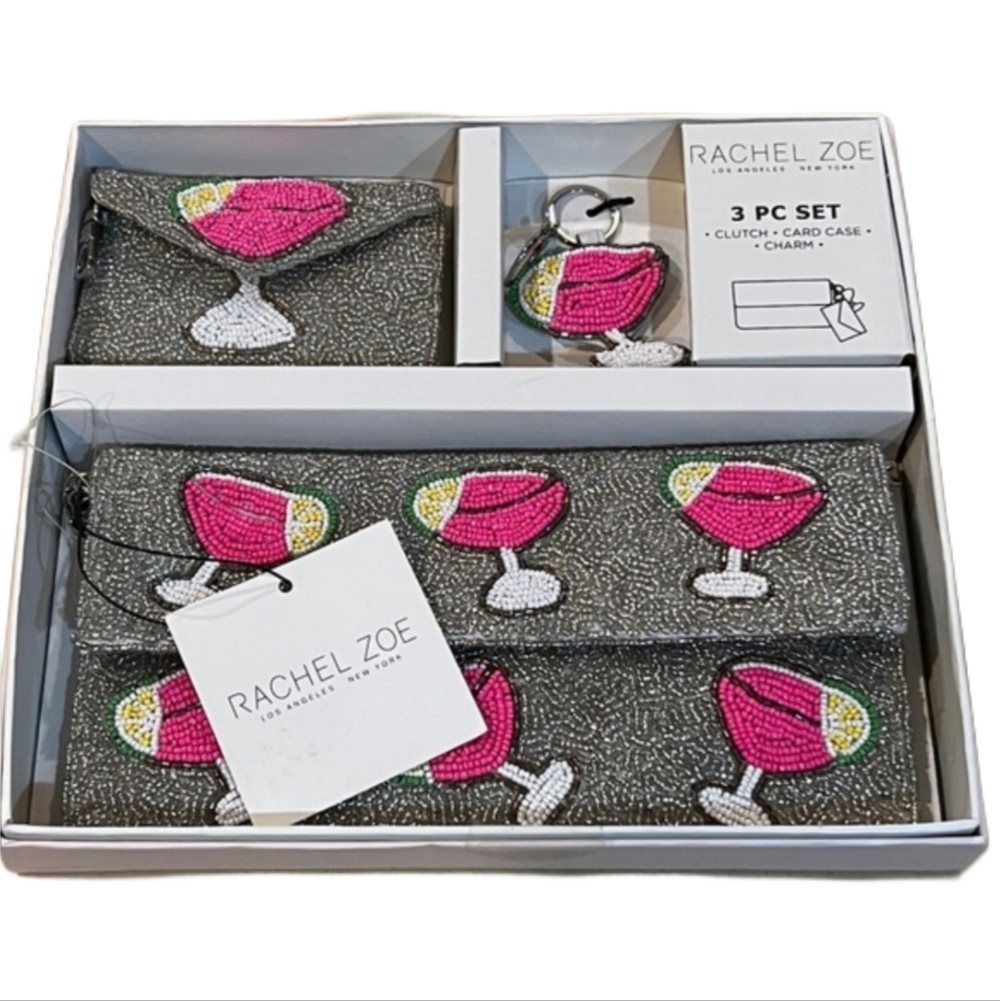 Rachel Zoe Silver and Pink Beaded Clutch Set
